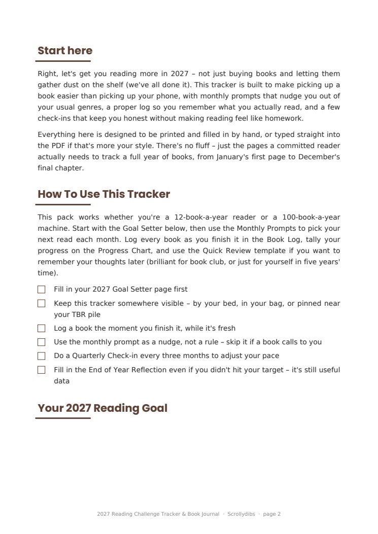 Inside page 1 of 2027 Reading Challenge Tracker & Book Journal
