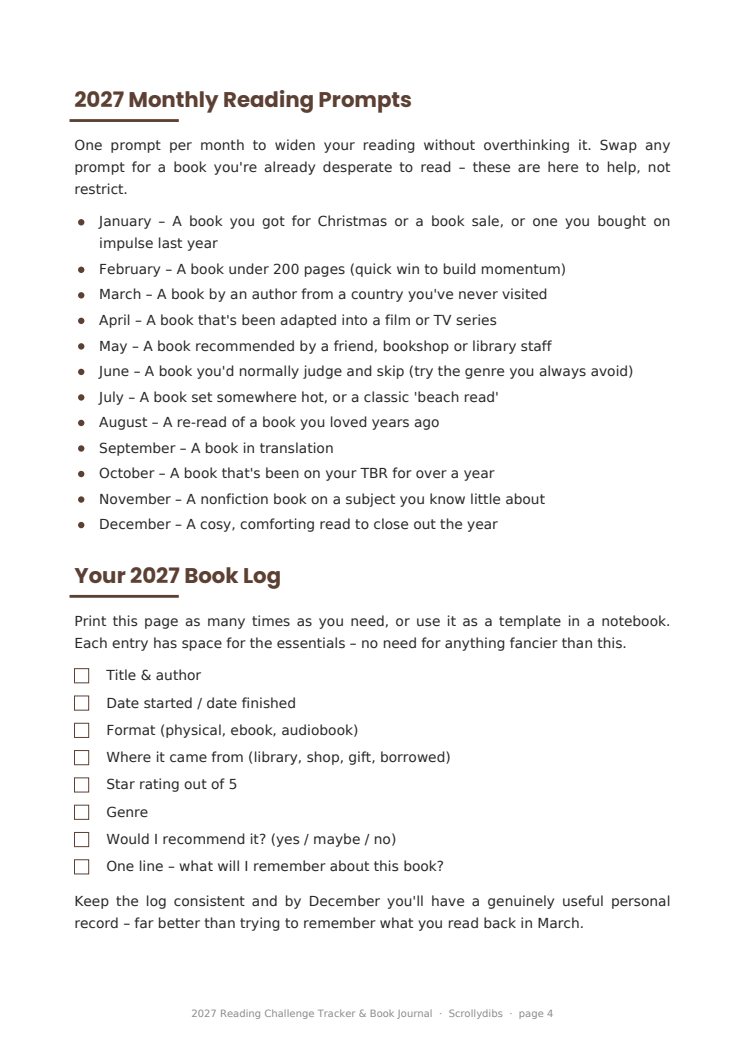 Inside page 3 of 2027 Reading Challenge Tracker & Book Journal
