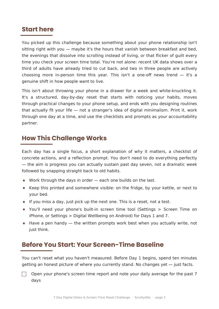Inside page 1 of 7-Day Digital Detox & Screen-Time Reset Challenge