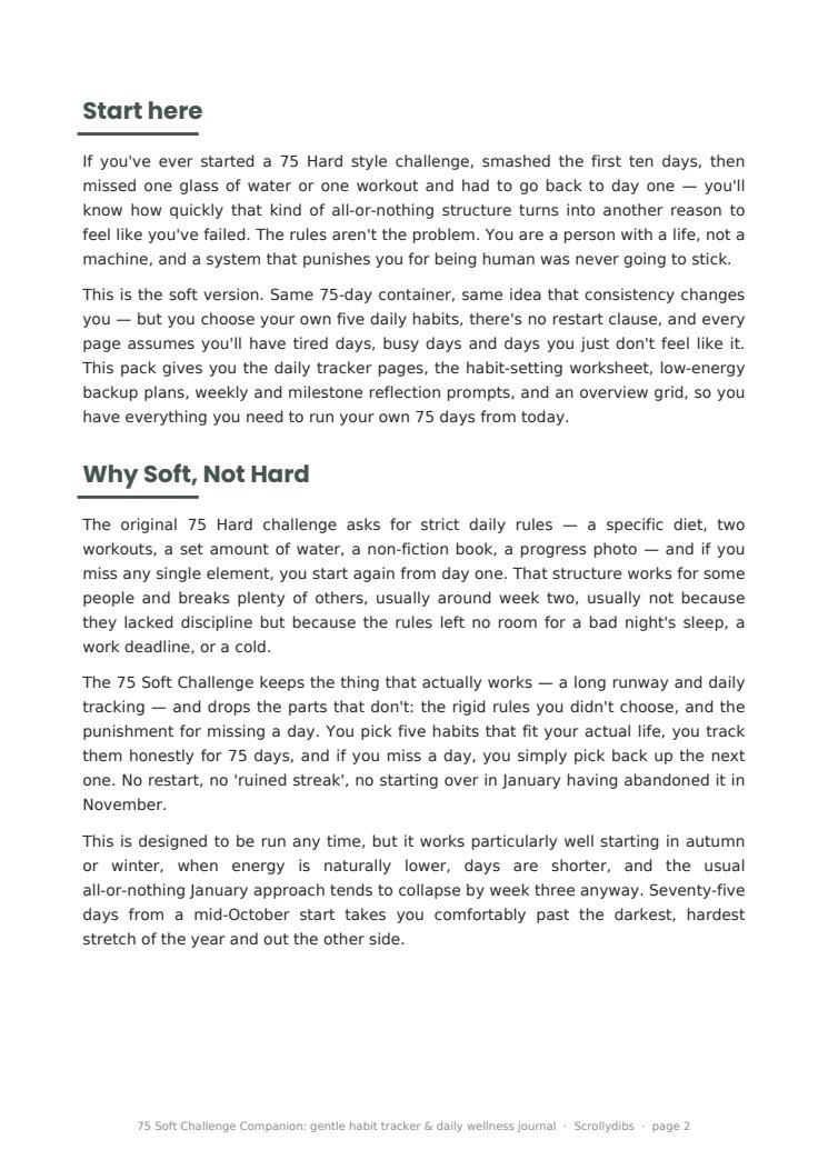 Inside page 1 of 75 Soft Challenge Companion: gentle habit tracker & daily wellness journal