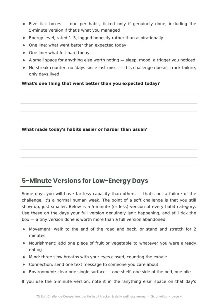 Inside page 3 of 75 Soft Challenge Companion: gentle habit tracker & daily wellness journal