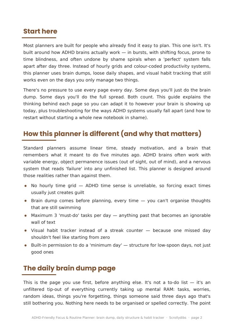 Inside page 1 of ADHD-Friendly Focus & Routine Planner: brain dump, daily structure & habit tracker