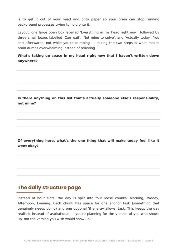 Inside page 2 of ADHD-Friendly Focus & Routine Planner: brain dump, daily structure & habit tracker