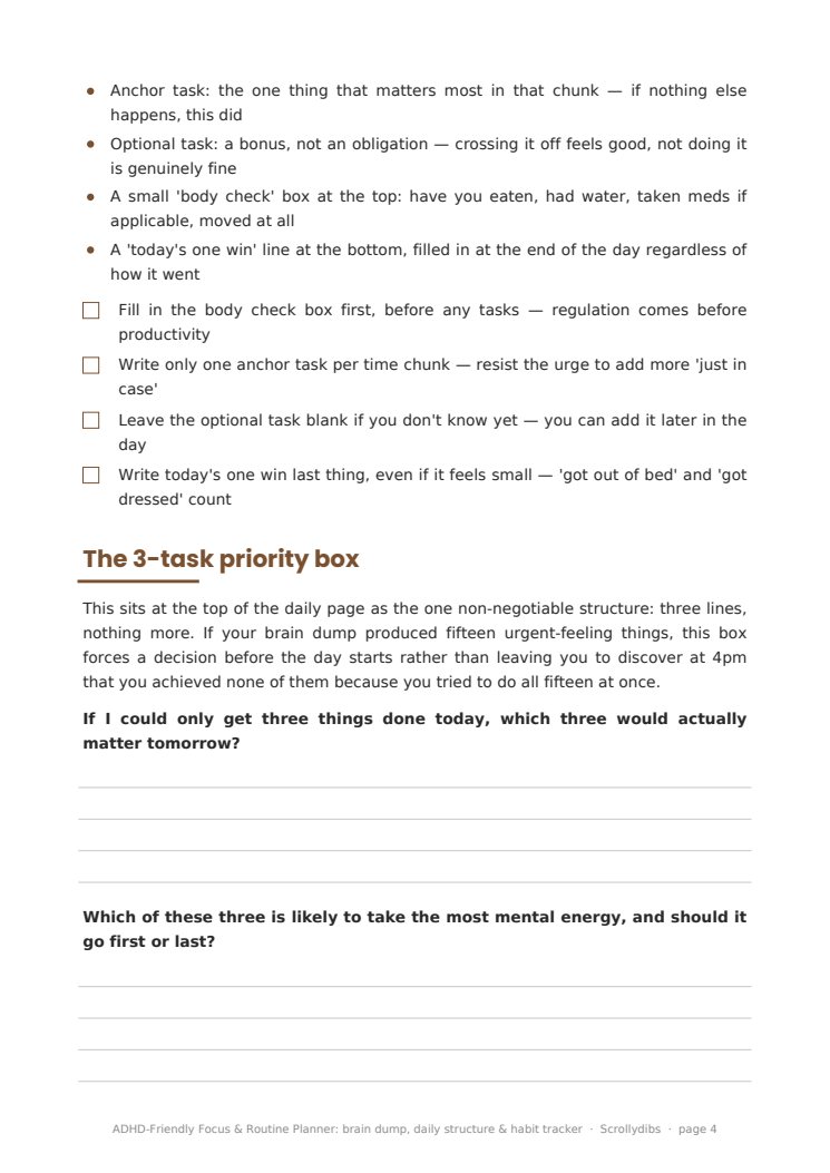Inside page 3 of ADHD-Friendly Focus & Routine Planner: brain dump, daily structure & habit tracker