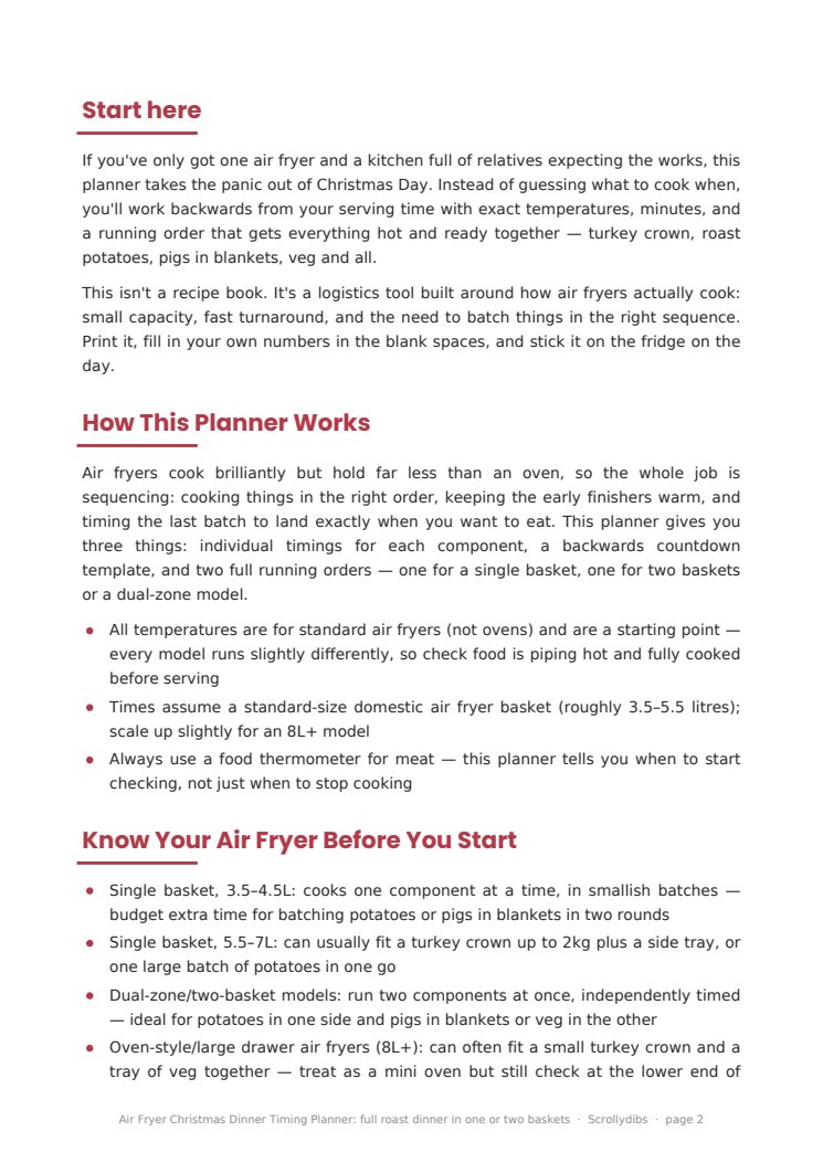 Inside page 1 of Air Fryer Christmas Dinner Timing Planner: full roast dinner in one or two baskets