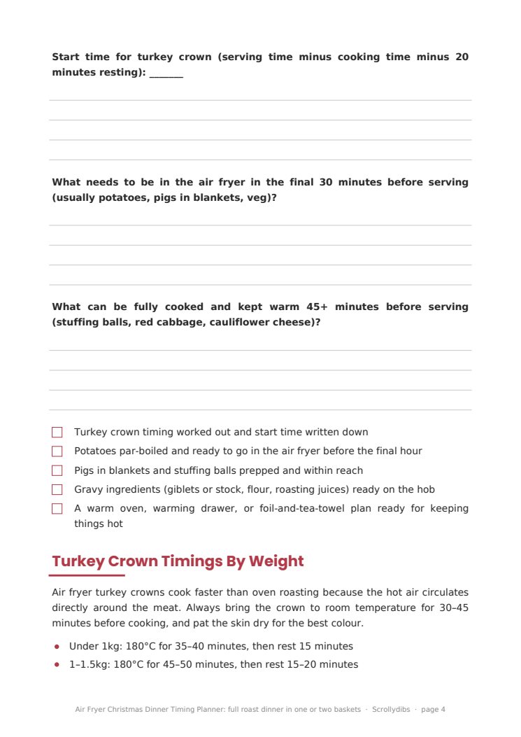 Inside page 3 of Air Fryer Christmas Dinner Timing Planner: full roast dinner in one or two baskets