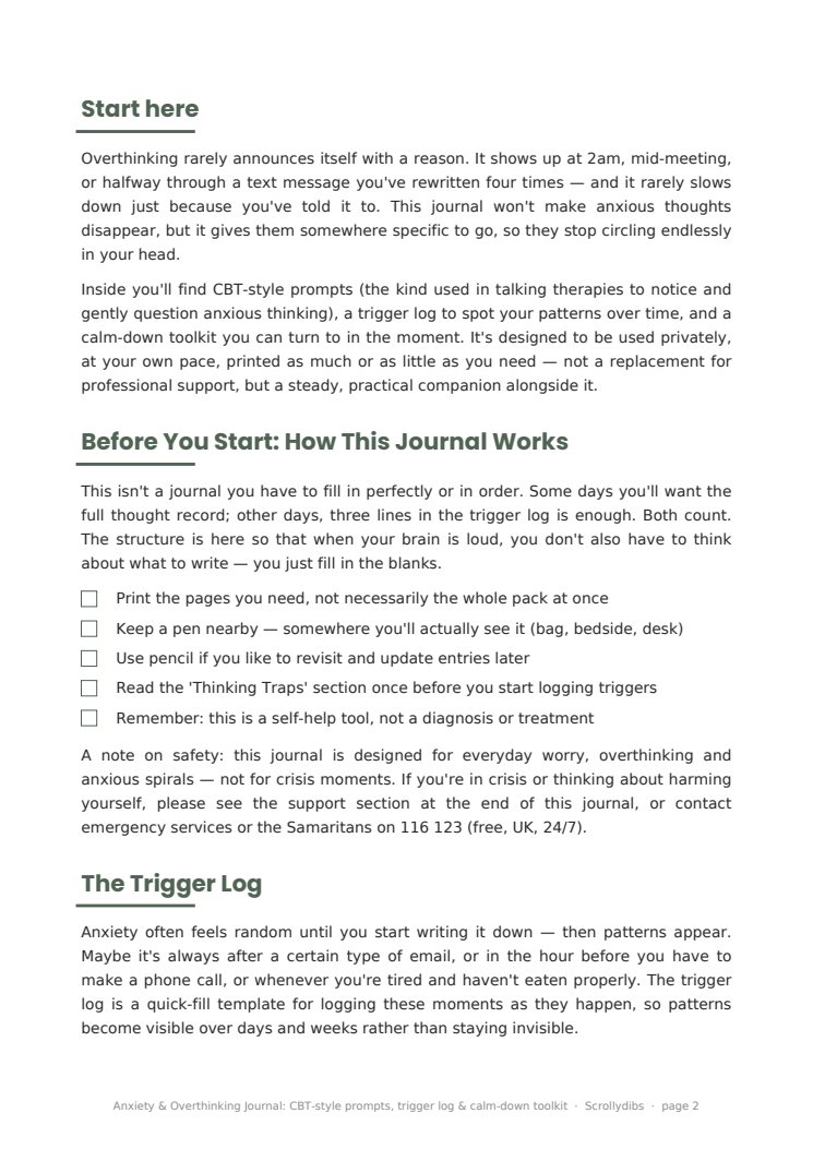 Inside page 1 of Anxiety & Overthinking Journal: CBT-style prompts, trigger log & calm-down toolkit