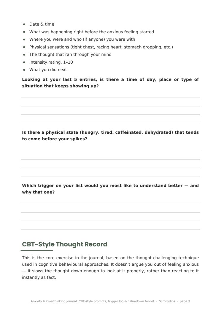 Inside page 2 of Anxiety & Overthinking Journal: CBT-style prompts, trigger log & calm-down toolkit