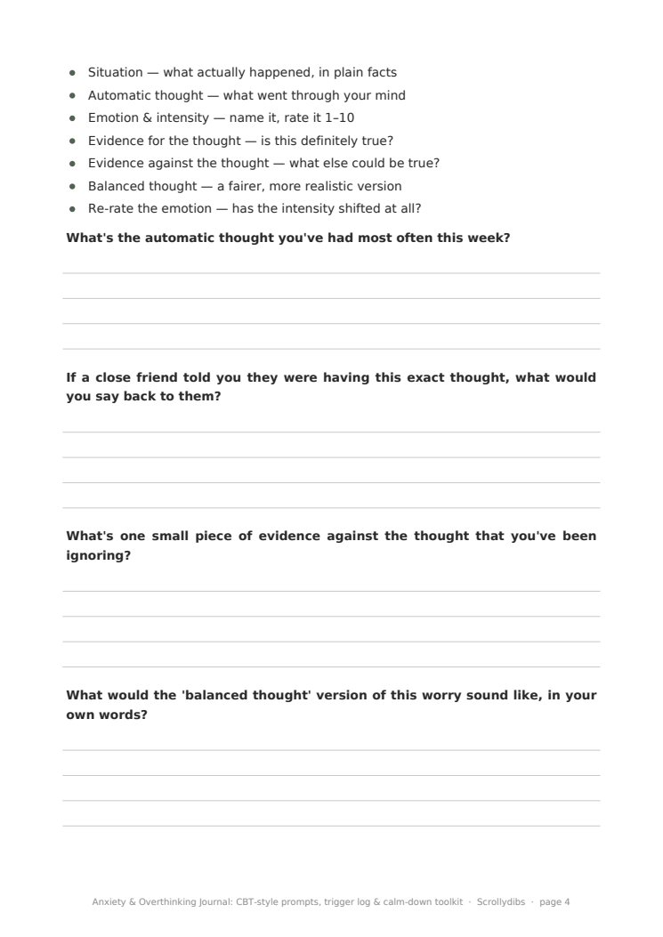 Inside page 3 of Anxiety & Overthinking Journal: CBT-style prompts, trigger log & calm-down toolkit