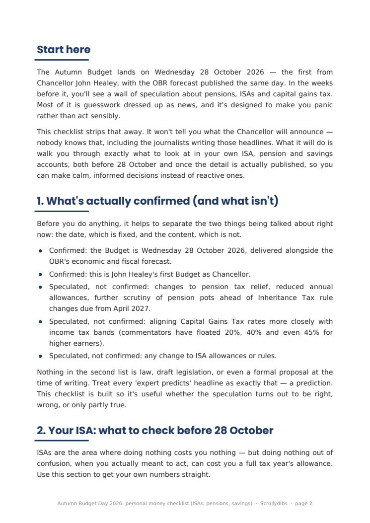 Inside page 1 of Autumn Budget Day 2026: personal money checklist (ISAs, pensions, savings)