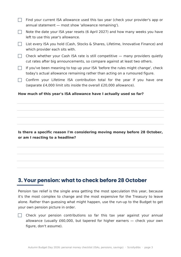 Inside page 2 of Autumn Budget Day 2026: personal money checklist (ISAs, pensions, savings)