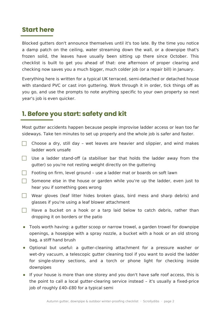 Inside page 1 of Autumn gutter, downpipe & outdoor winter-proofing checklist