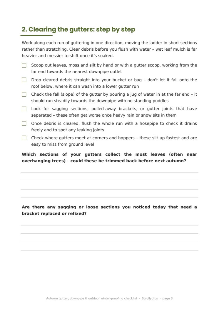 Inside page 2 of Autumn gutter, downpipe & outdoor winter-proofing checklist