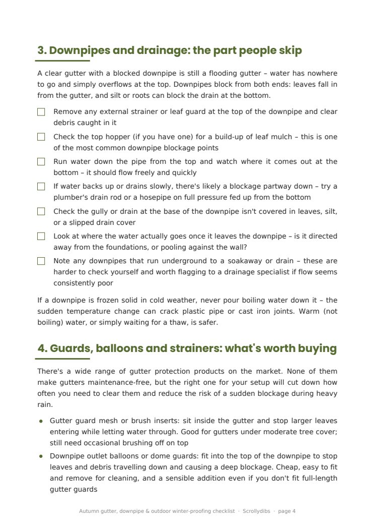Inside page 3 of Autumn gutter, downpipe & outdoor winter-proofing checklist