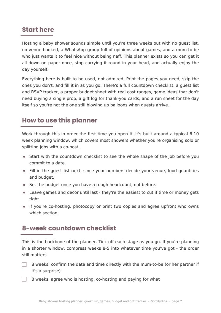 Inside page 1 of Baby shower hosting planner: guest list, games, budget and gift tracker