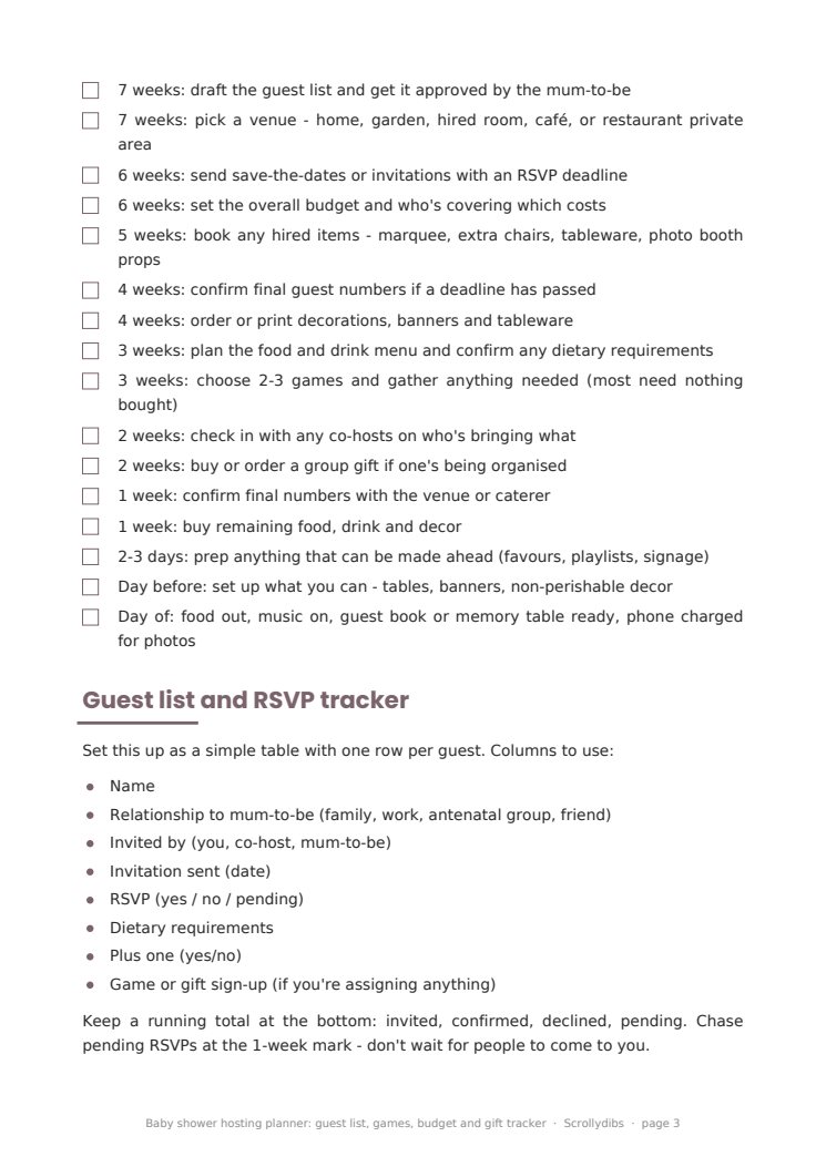 Inside page 2 of Baby shower hosting planner: guest list, games, budget and gift tracker
