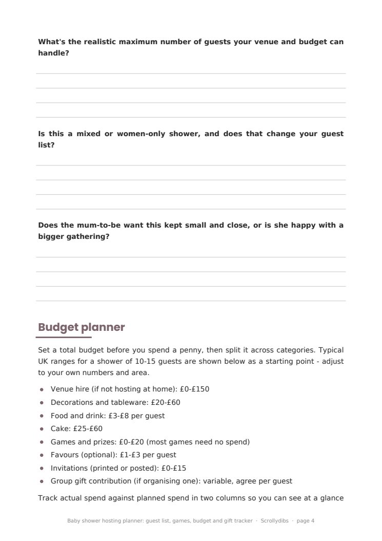 Inside page 3 of Baby shower hosting planner: guest list, games, budget and gift tracker