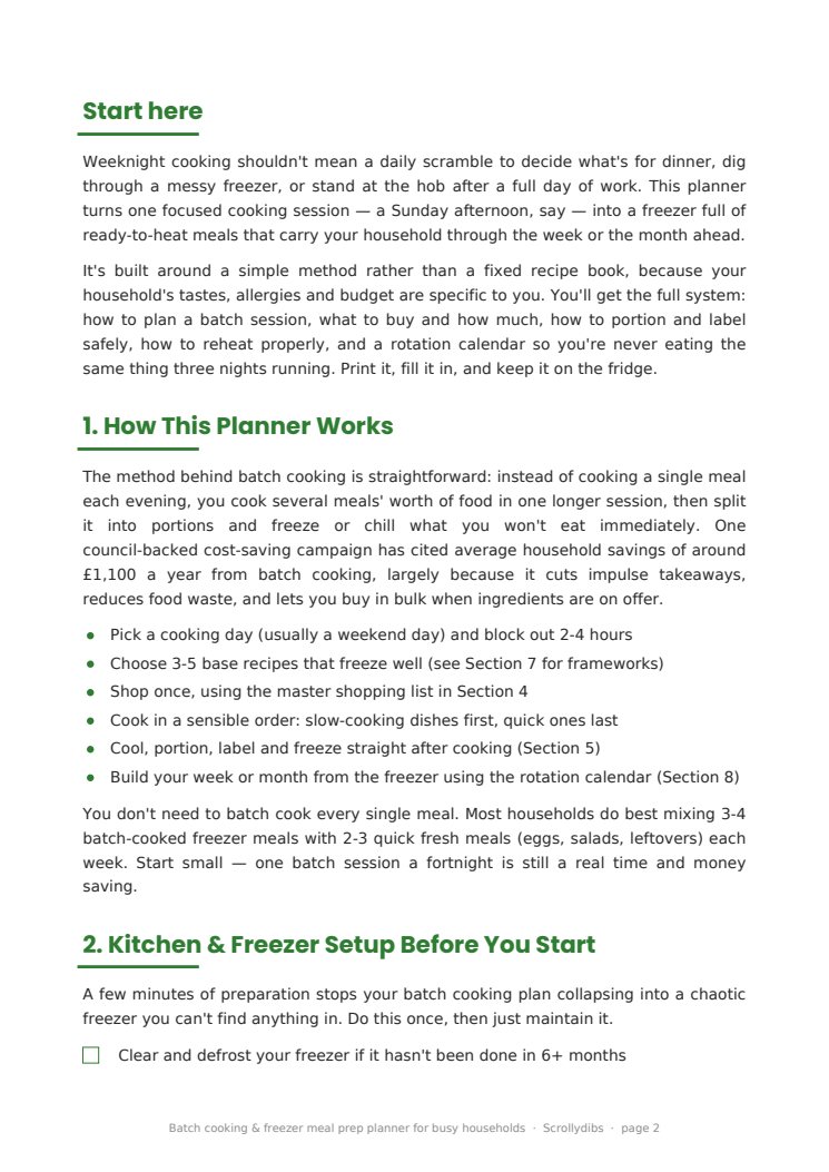 Inside page 1 of Batch cooking & freezer meal prep planner for busy households