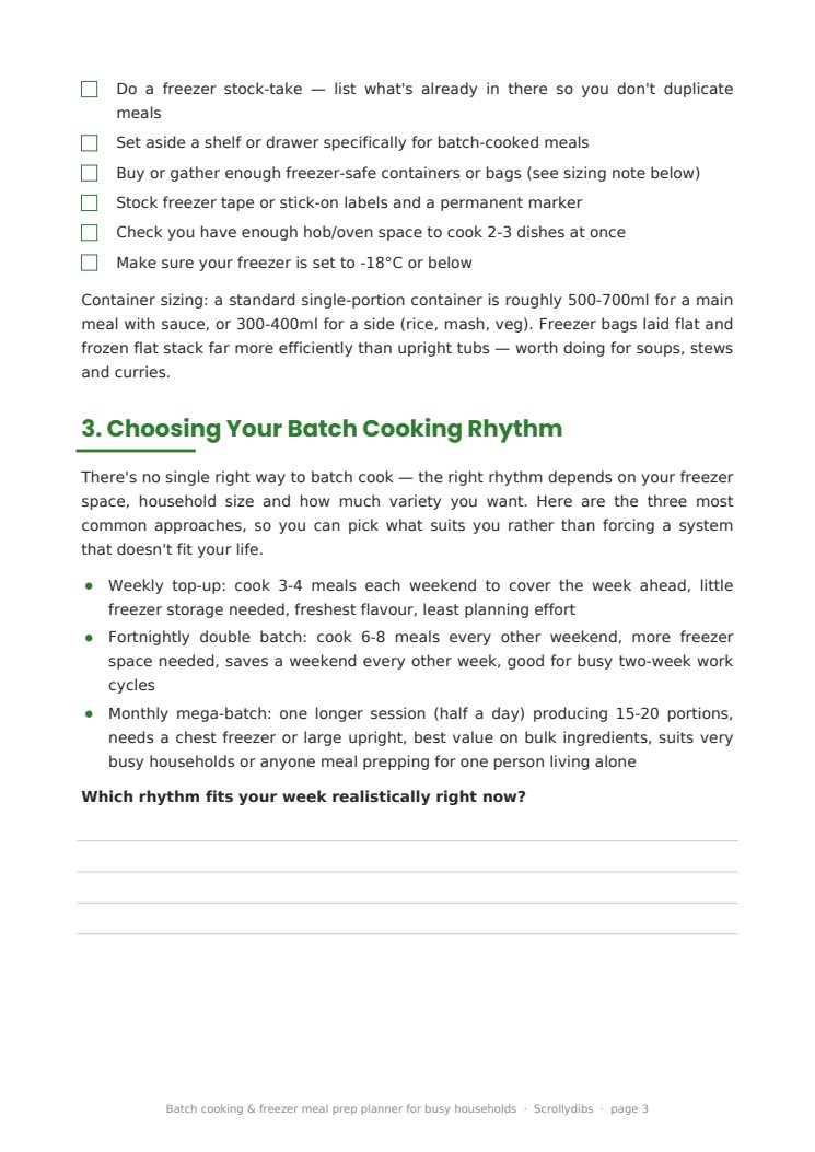 Inside page 2 of Batch cooking & freezer meal prep planner for busy households
