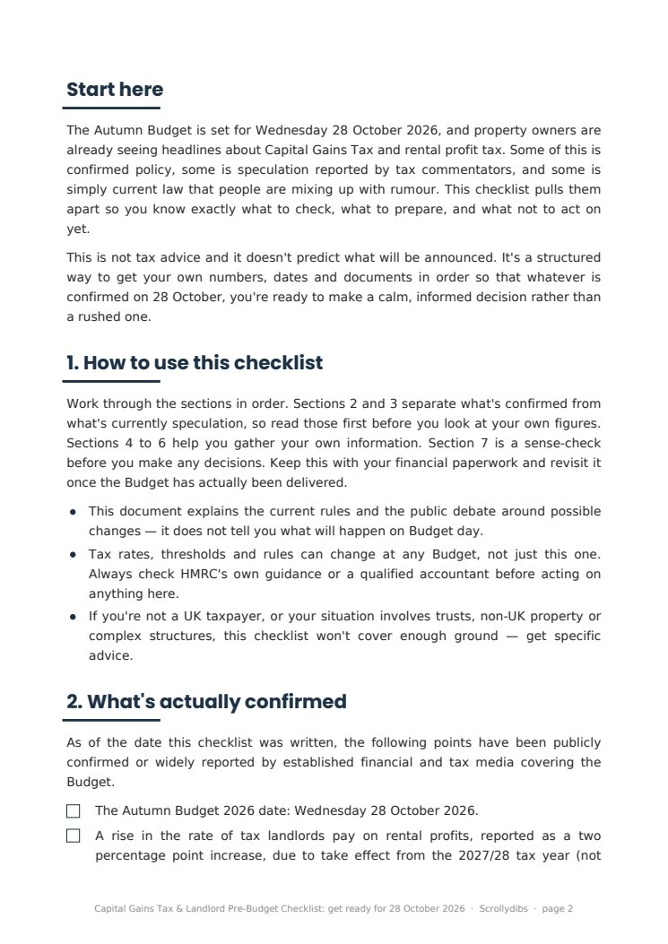 Inside page 1 of Capital Gains Tax & Landlord Pre-Budget Checklist: get ready for 28 October 2026