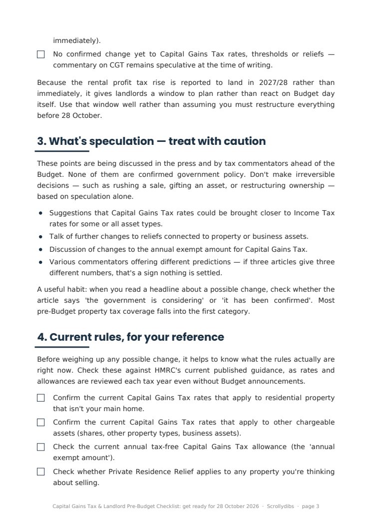 Inside page 2 of Capital Gains Tax & Landlord Pre-Budget Checklist: get ready for 28 October 2026