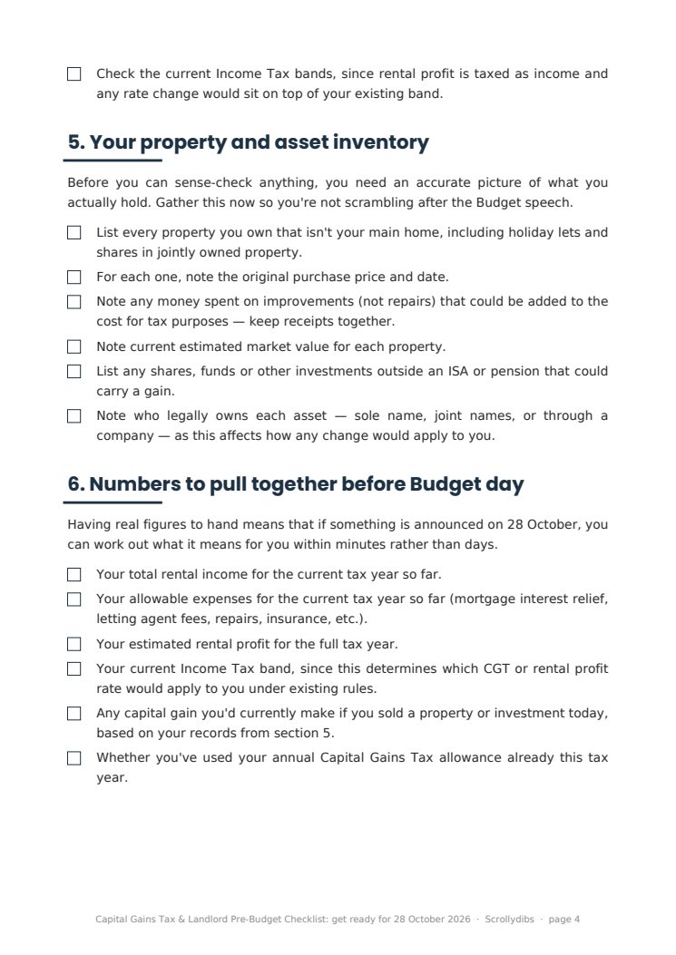 Inside page 3 of Capital Gains Tax & Landlord Pre-Budget Checklist: get ready for 28 October 2026