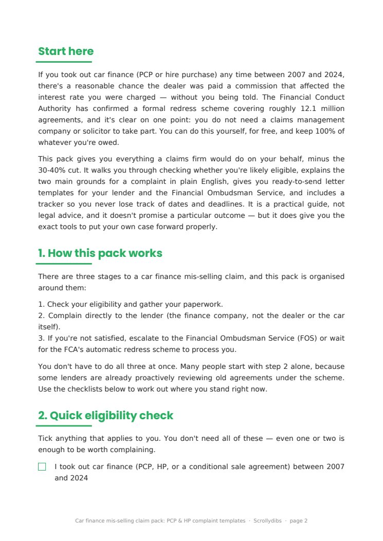 Inside page 1 of Car finance mis-selling claim pack: PCP & HP complaint templates