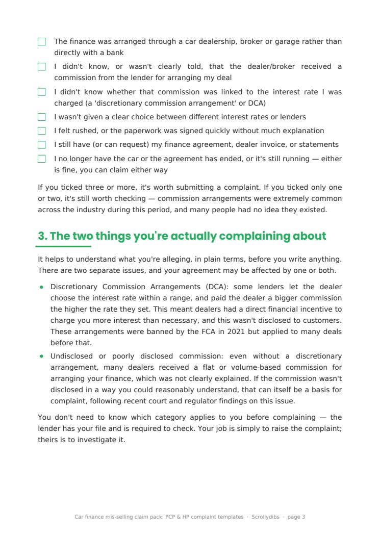 Inside page 2 of Car finance mis-selling claim pack: PCP & HP complaint templates