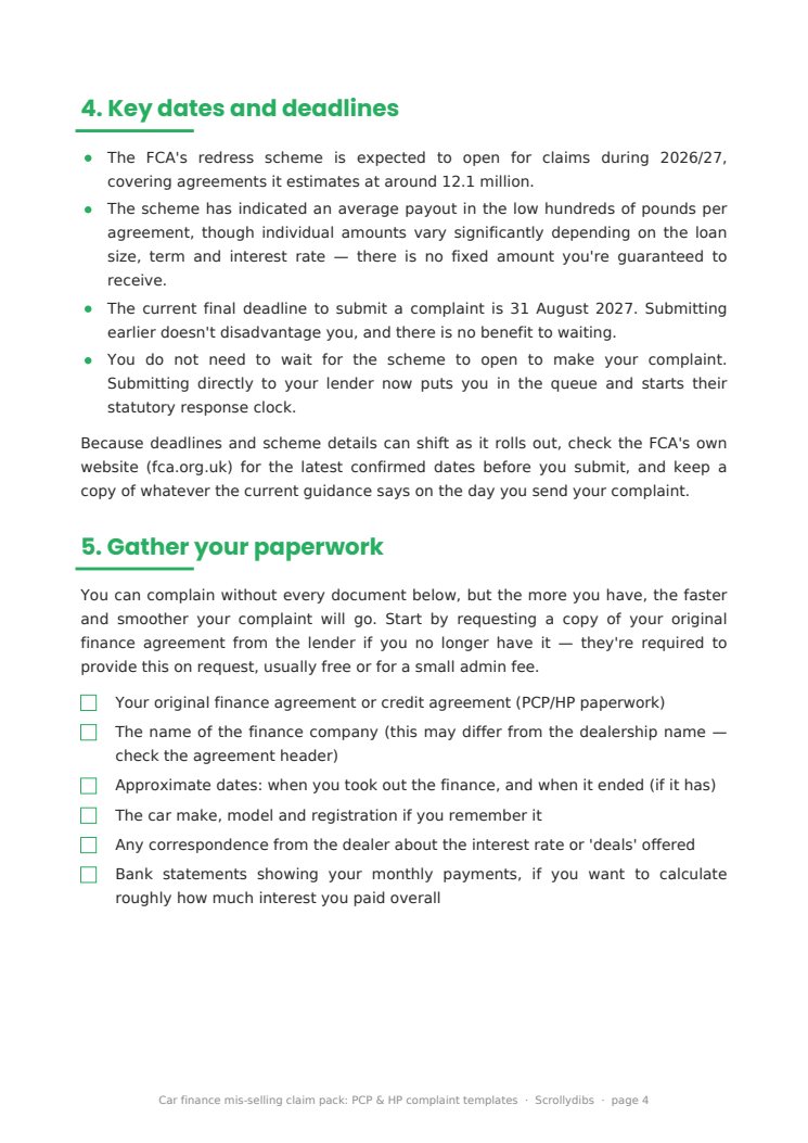 Inside page 3 of Car finance mis-selling claim pack: PCP & HP complaint templates