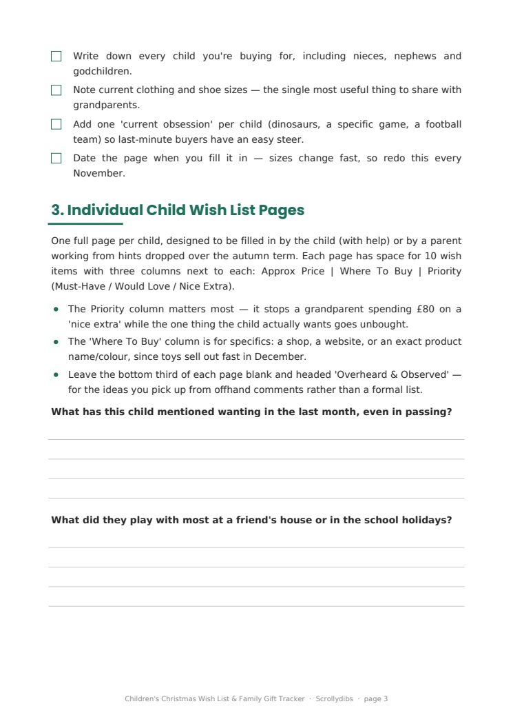 Inside page 2 of Children's Christmas Wish List & Family Gift Tracker