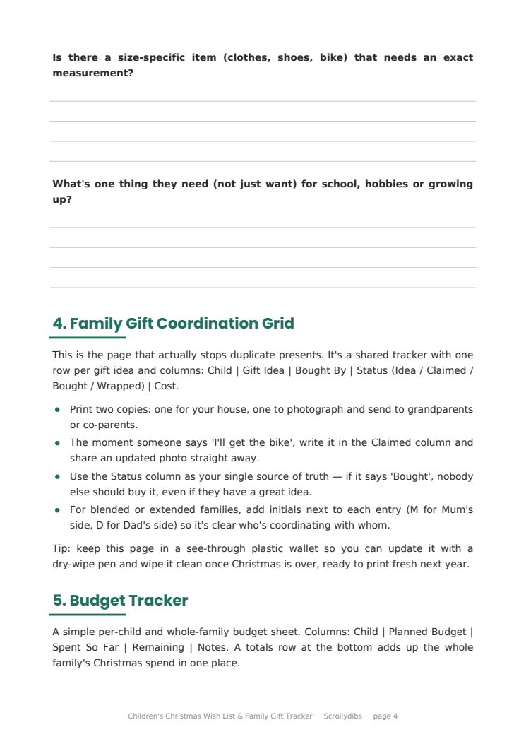 Inside page 3 of Children's Christmas Wish List & Family Gift Tracker