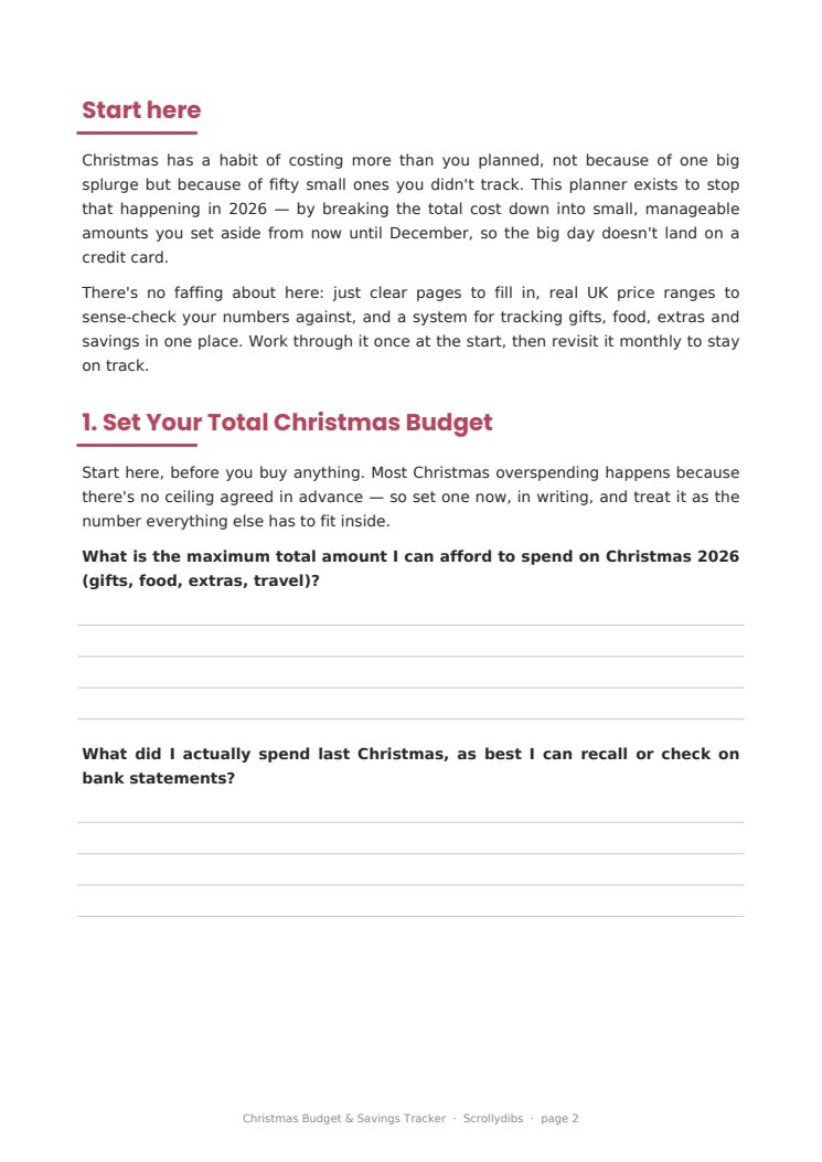Inside page 1 of Christmas Budget & Savings Tracker