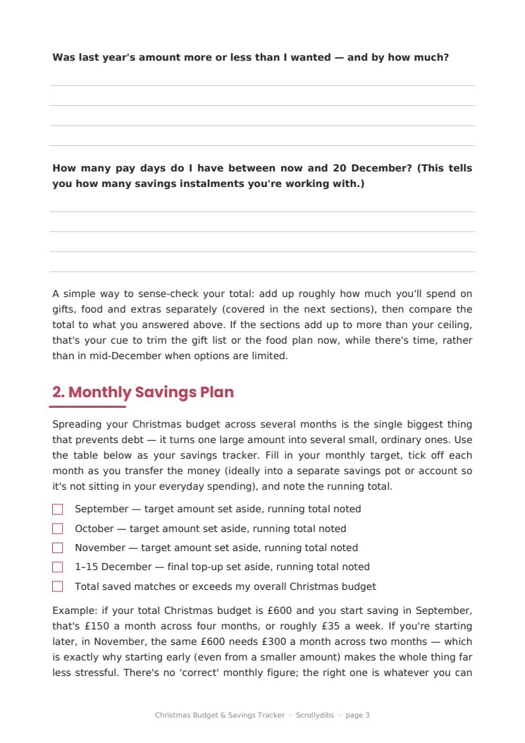 Inside page 2 of Christmas Budget & Savings Tracker