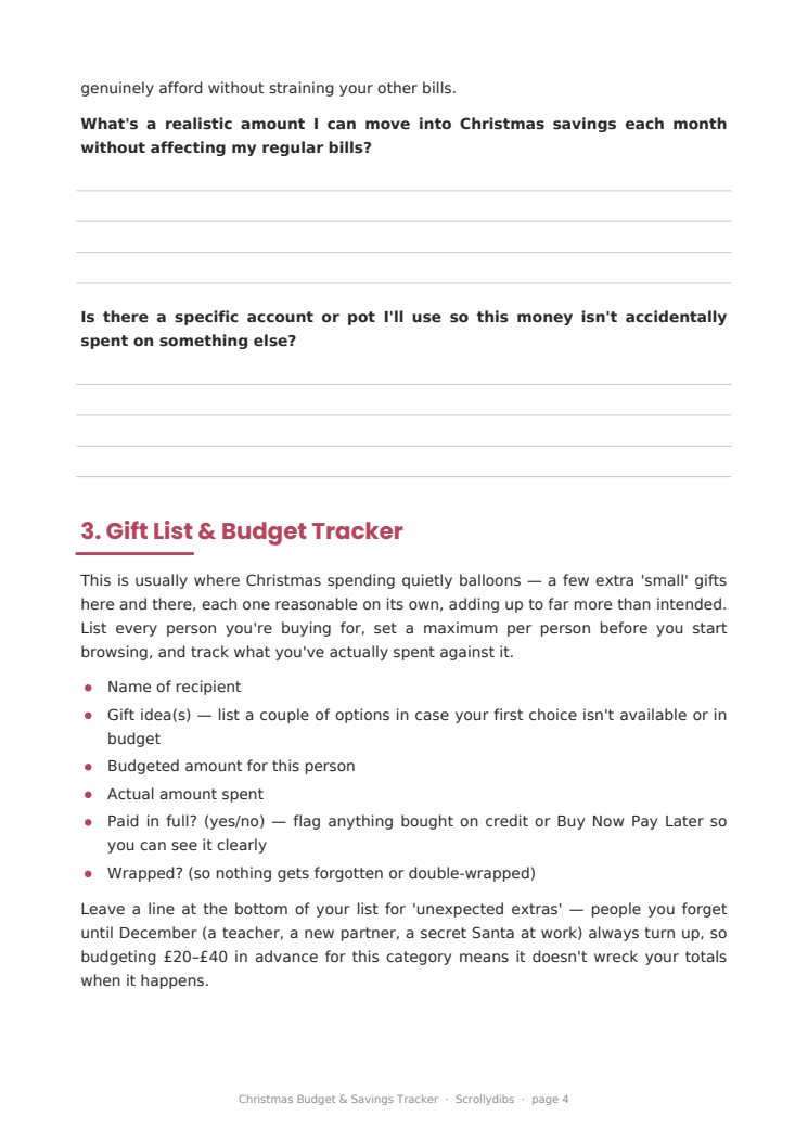 Inside page 3 of Christmas Budget & Savings Tracker