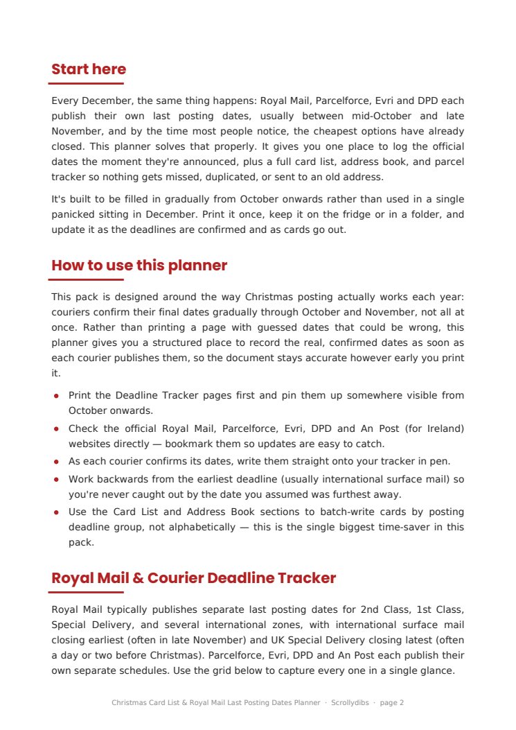 Inside page 1 of Christmas Card List & Royal Mail Last Posting Dates Planner