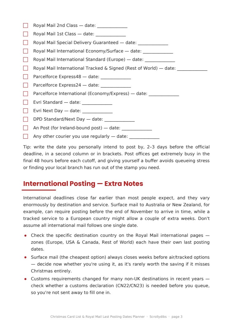 Inside page 2 of Christmas Card List & Royal Mail Last Posting Dates Planner