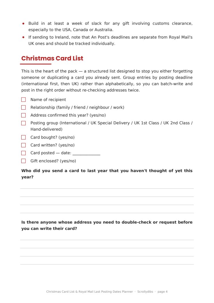 Inside page 3 of Christmas Card List & Royal Mail Last Posting Dates Planner
