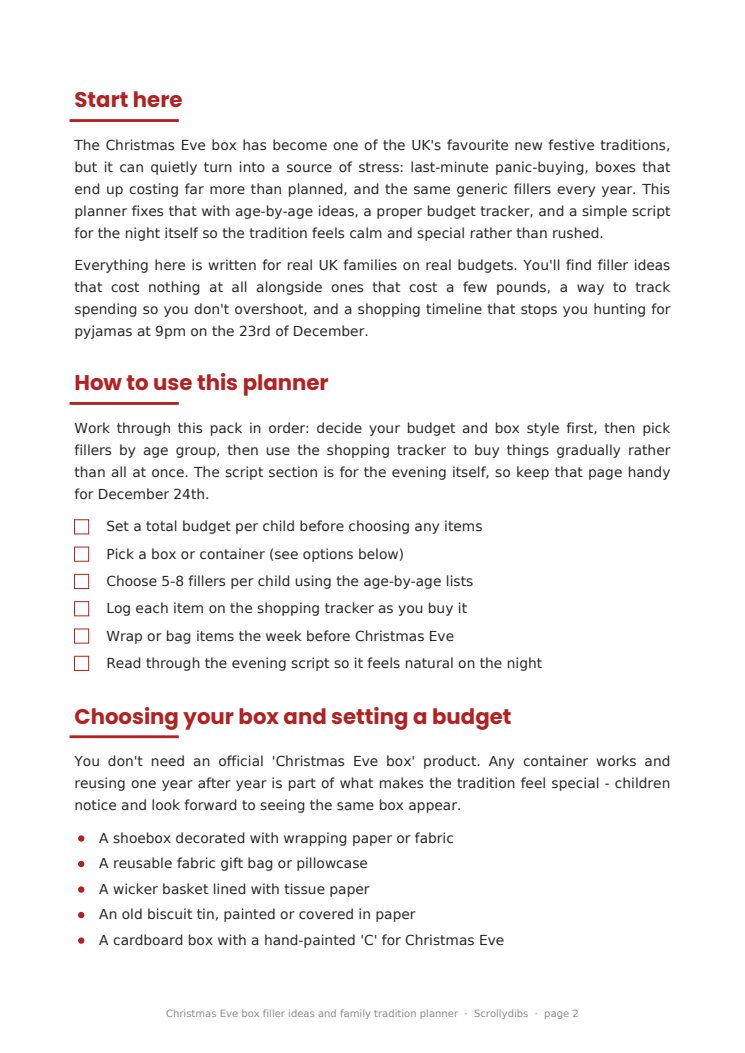 Inside page 1 of Christmas Eve box filler ideas and family tradition planner