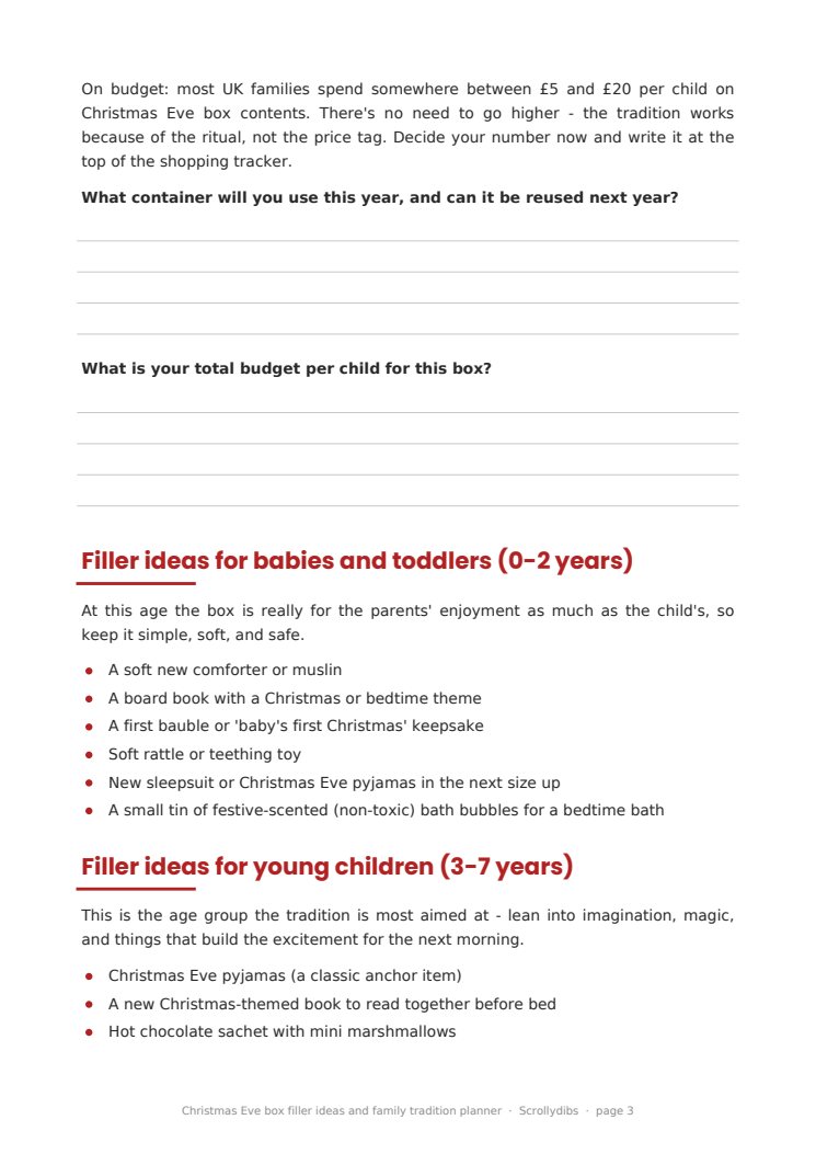 Inside page 2 of Christmas Eve box filler ideas and family tradition planner