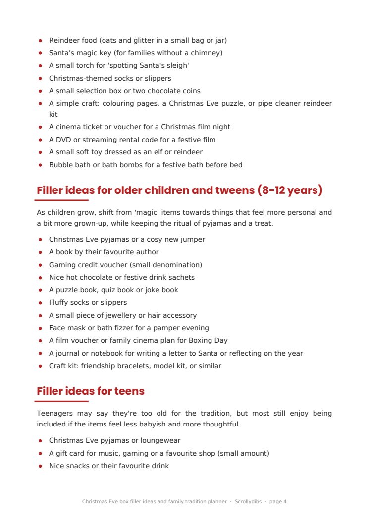Inside page 3 of Christmas Eve box filler ideas and family tradition planner
