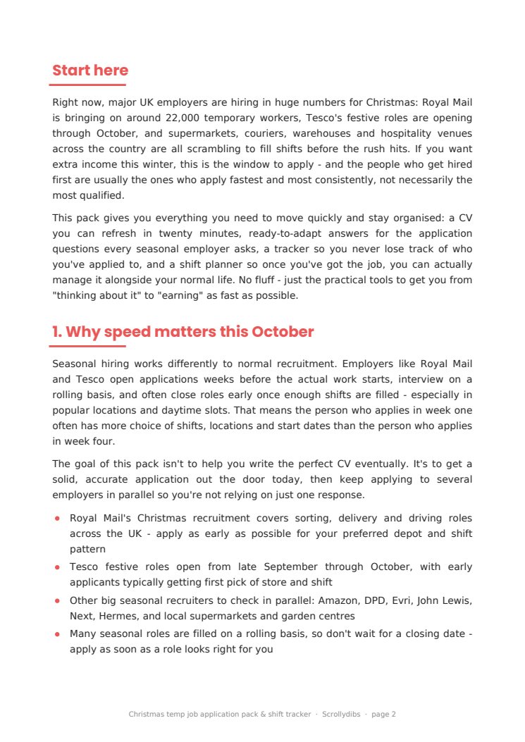 Inside page 1 of Christmas temp job application pack & shift tracker