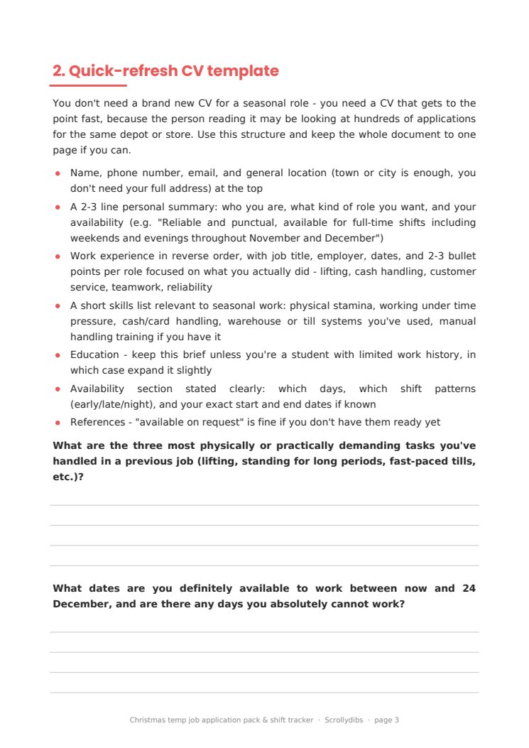 Inside page 2 of Christmas temp job application pack & shift tracker