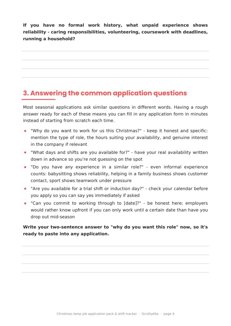 Inside page 3 of Christmas temp job application pack & shift tracker
