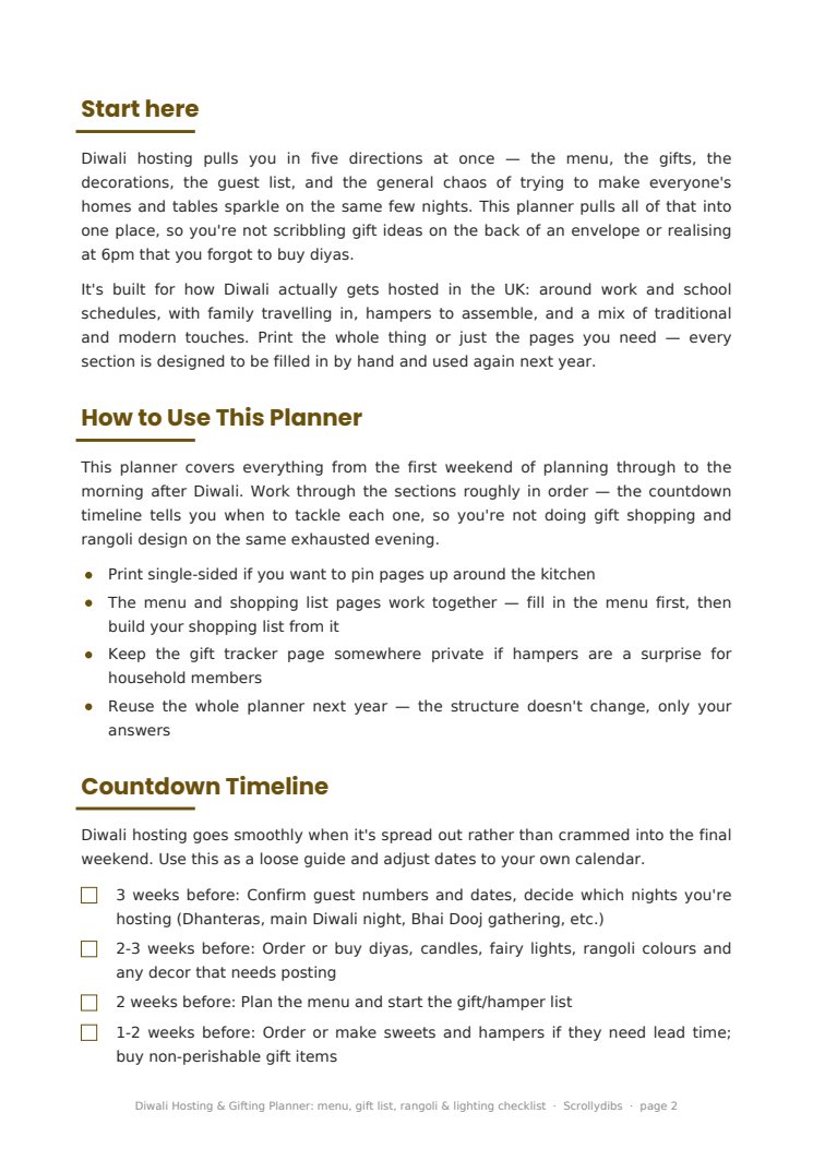 Inside page 1 of Diwali Hosting & Gifting Planner: menu, gift list, rangoli & lighting checklist