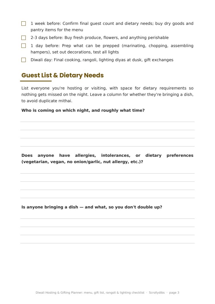 Inside page 2 of Diwali Hosting & Gifting Planner: menu, gift list, rangoli & lighting checklist