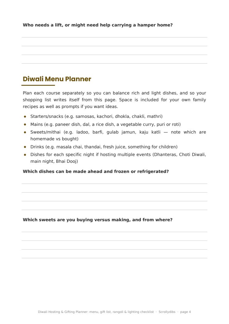Inside page 3 of Diwali Hosting & Gifting Planner: menu, gift list, rangoli & lighting checklist