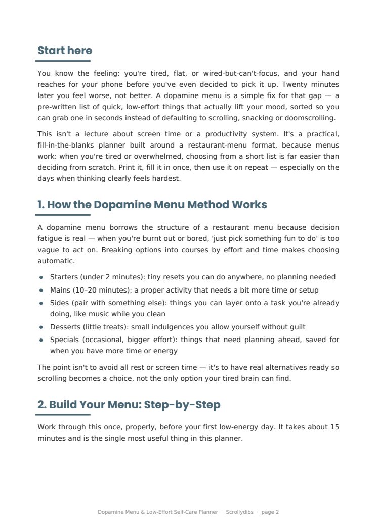 Inside page 1 of Dopamine Menu & Low-Effort Self-Care Planner