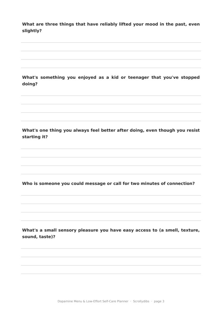 Inside page 2 of Dopamine Menu & Low-Effort Self-Care Planner