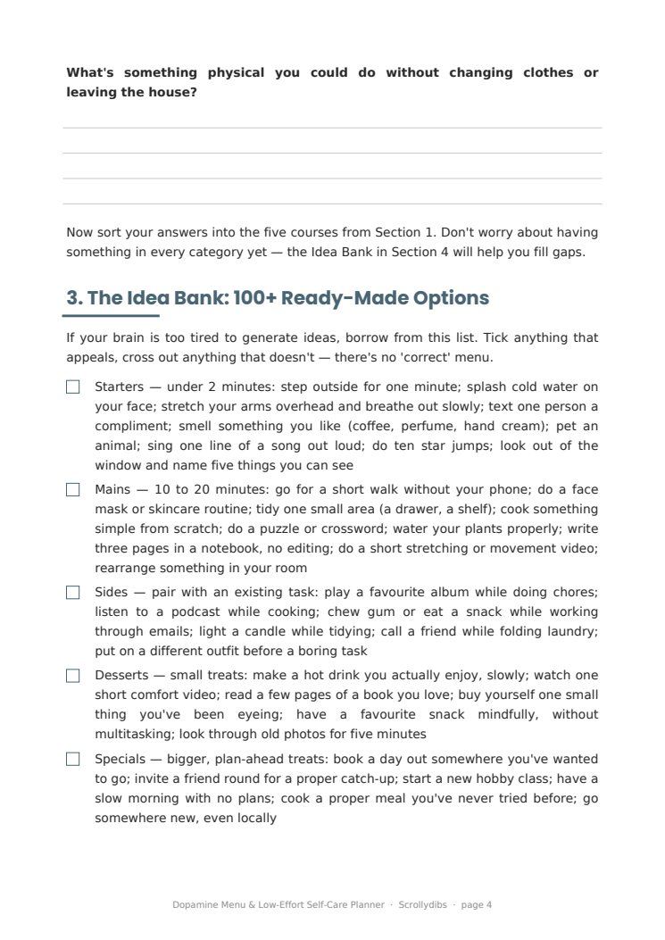 Inside page 3 of Dopamine Menu & Low-Effort Self-Care Planner