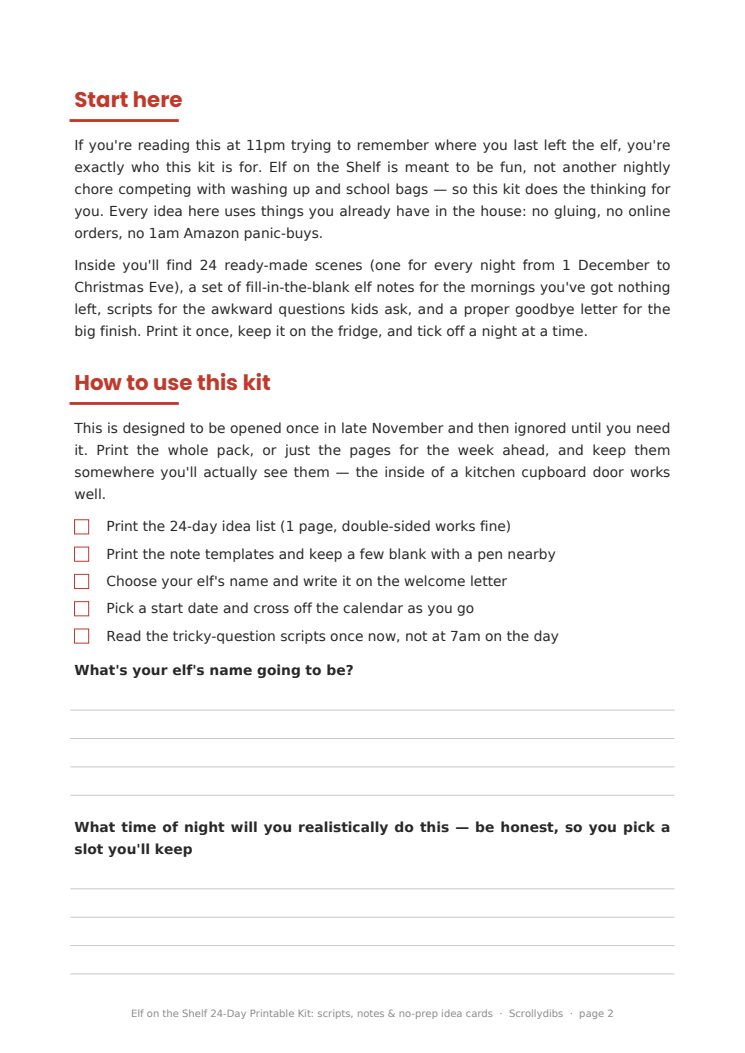 Inside page 1 of Elf on the Shelf 24-Day Printable Kit: scripts, notes & no-prep idea cards